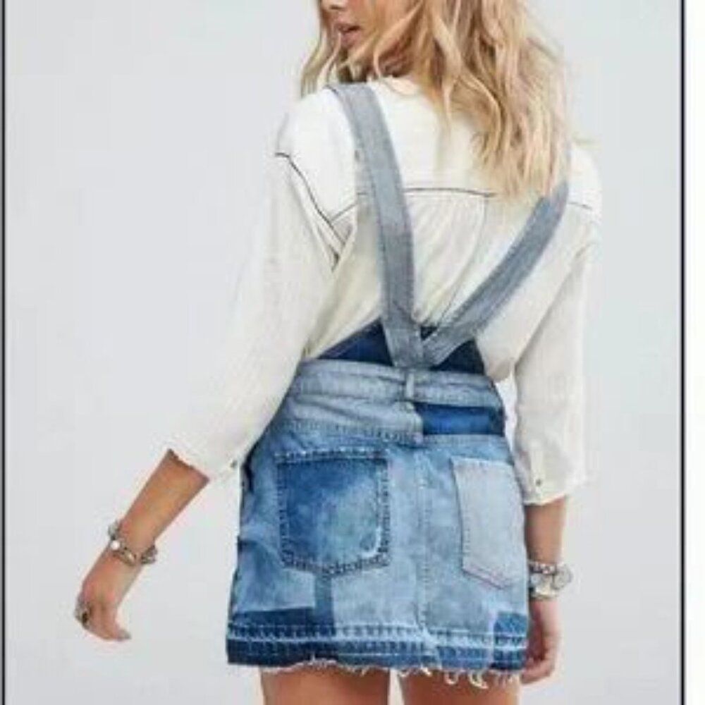 Free People Patchwork Blues Blue Denim Pinafore Dress Size 2 - Picture 3 of 7